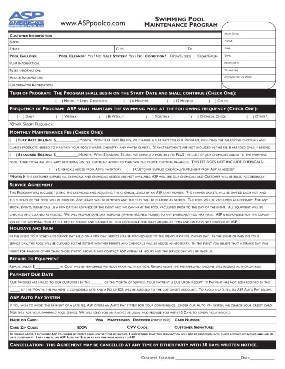 SWIMMING POOL MAINTENANCE PROGRAM FORMS